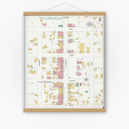 Old map wall art mockup — magnetic wood frame on white wall — Sanborn Fire Insurance Map from Corunna, Shiawassee County, Michigan (1900), Sheet #0002