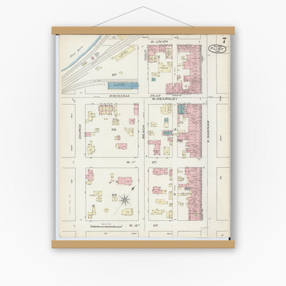 Old map wall art mockup — magnetic wood frame on white wall — Sanborn Fire Insurance Map from Flint, Genesee County, Michigan (1886), Sheet #0007