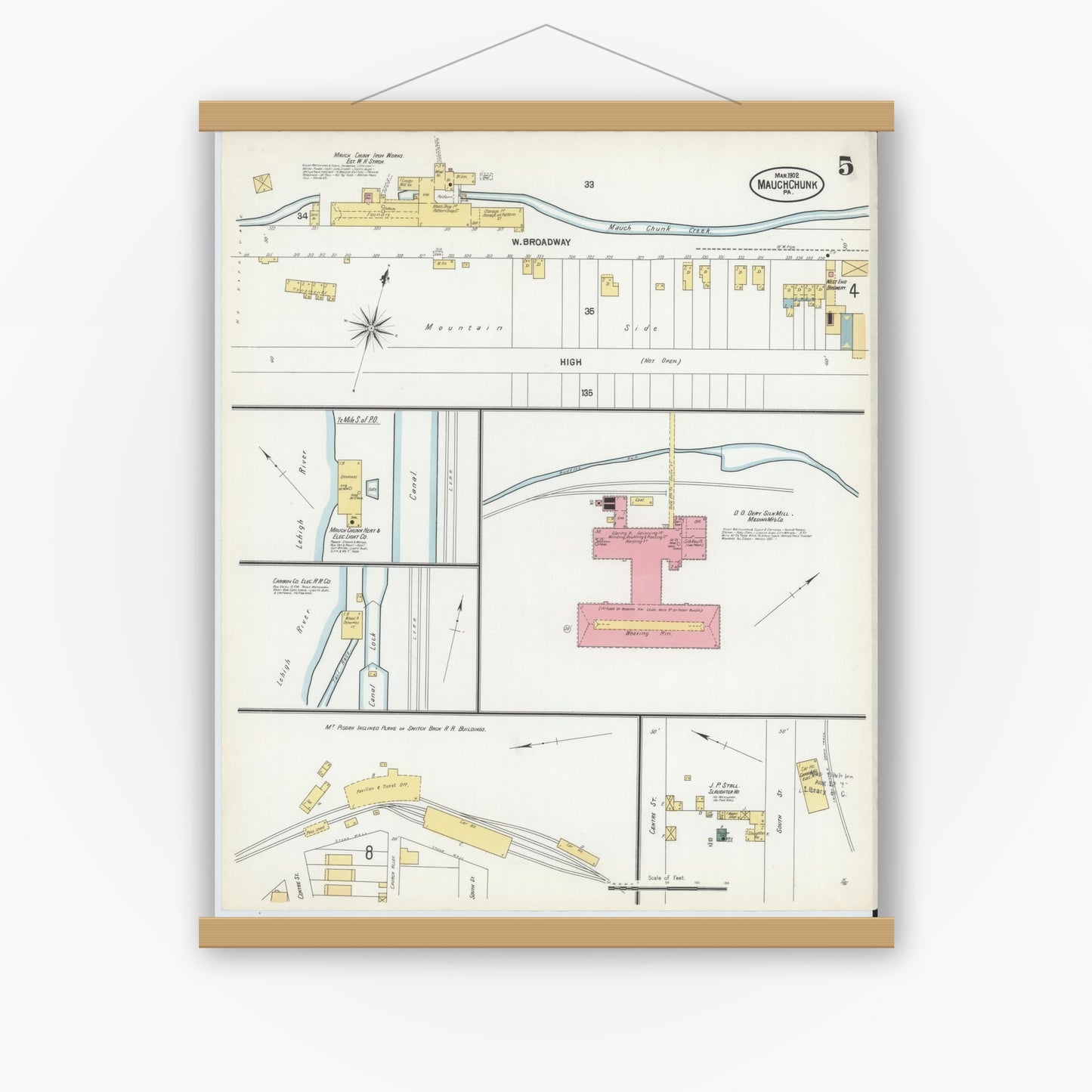 Old map wall art mockup — magnetic wood frame on white wall — Sanborn Fire Insurance Map from Mauch Chunk, Carbon County, Pennsylvania (1902), Sheet #0005