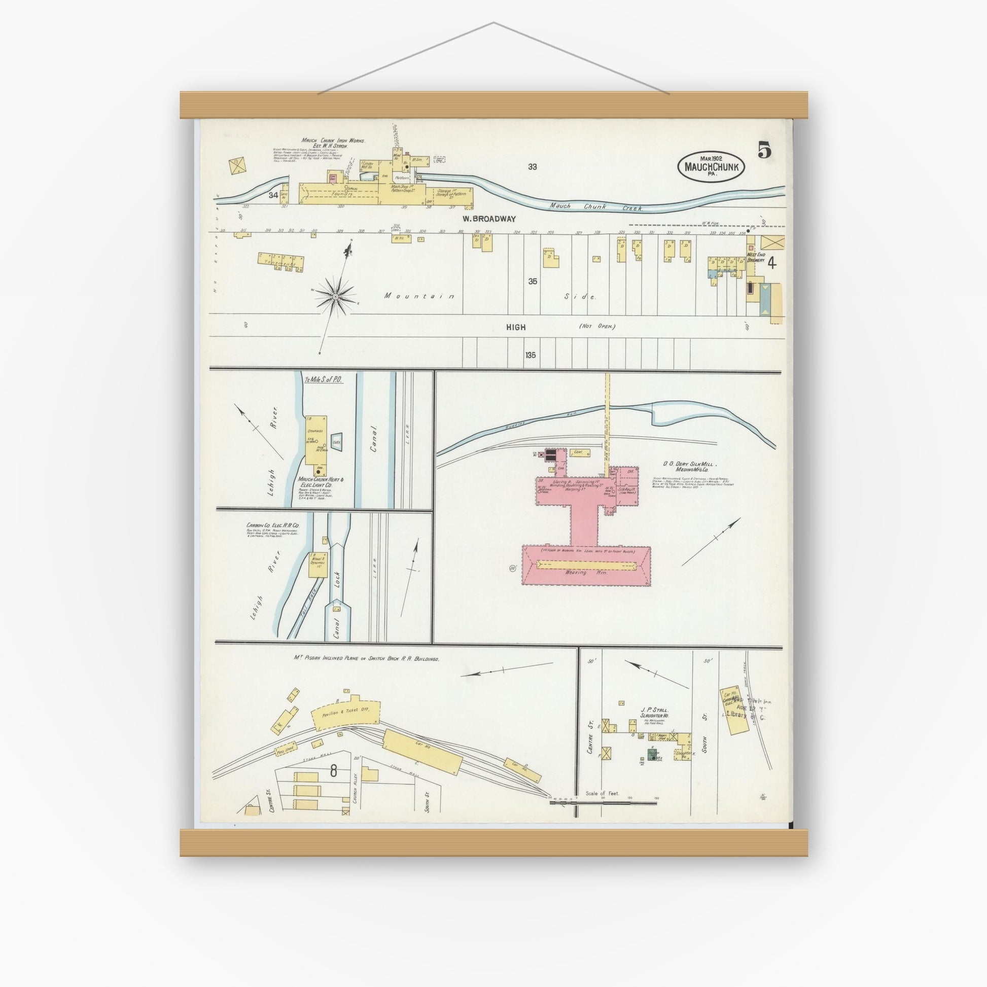 Old map wall art mockup — magnetic wood frame on white wall — Sanborn Fire Insurance Map from Mauch Chunk, Carbon County, Pennsylvania (1902), Sheet #0005