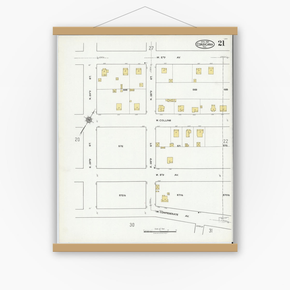Old map wall art mockup — magnetic wood frame on white wall — Sanborn Map from Corsicana, Navarro County, Texas (1921), Sheet #0021