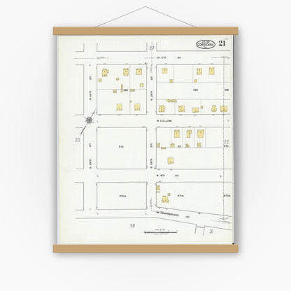 Old map wall art mockup — magnetic wood frame on white wall — Sanborn Map from Corsicana, Navarro County, Texas (1921), Sheet #0021