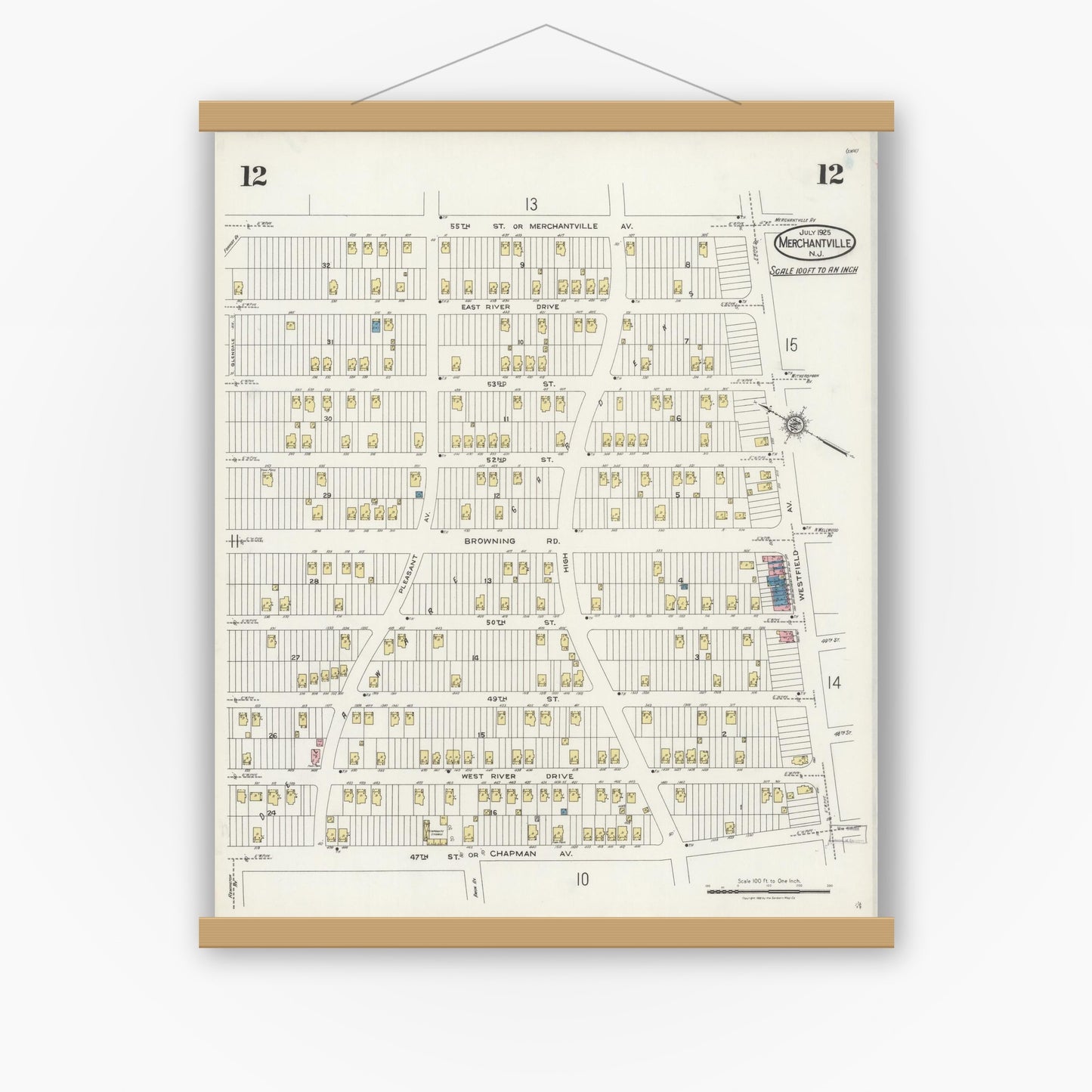 Old map wall art mockup — magnetic wood frame on white wall — Sanborn Fire Insurance Map from Merchantville, Camden County, New Jersey (1925), Sheet #0012