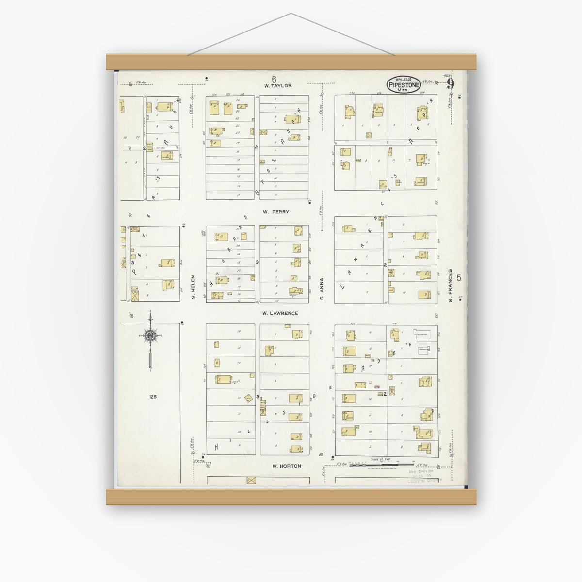Old map wall art mockup — magnetic wood frame on white wall — Sanborn Fire Insurance Map from Pipestone, Pipestone County, Minnesota (1921), Sheet #0009