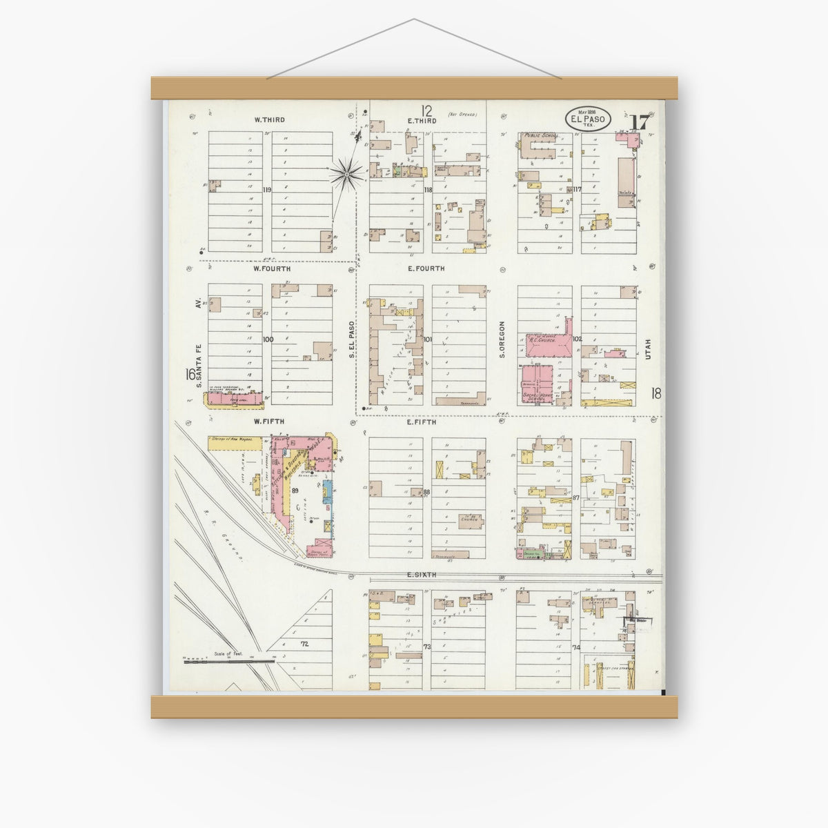 Old map wall art mockup — magnetic wood frame on white wall — Sanborn Fire Insurance Map from El Paso, El Paso County, Texas (1898), Sheet #0017