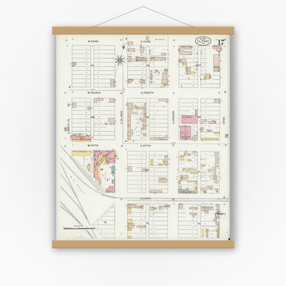Old map wall art mockup — magnetic wood frame on white wall — Sanborn Fire Insurance Map from El Paso, El Paso County, Texas (1898), Sheet #0017