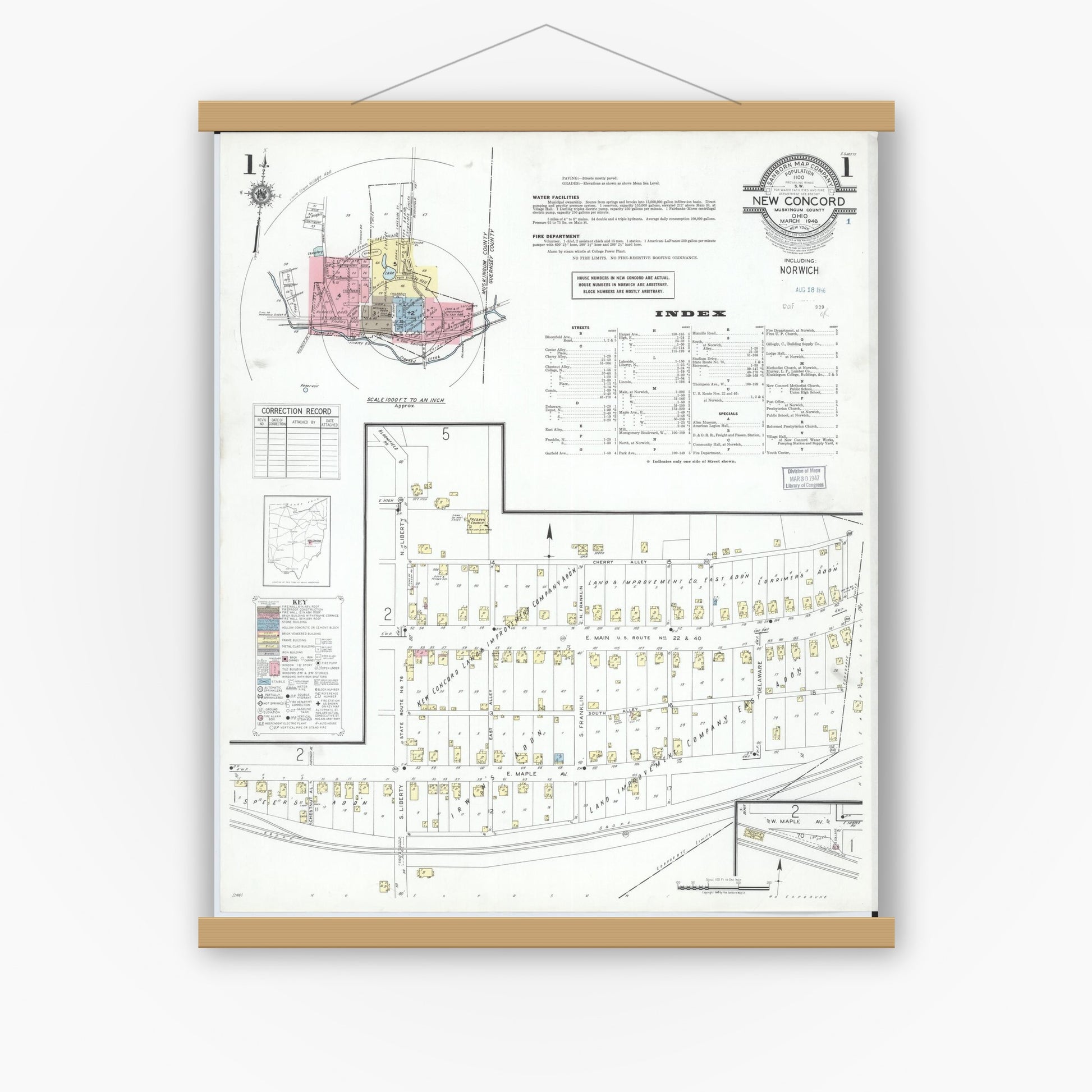 Old map wall art mockup — magnetic wood frame on white wall — Sanborn Fire Insurance Map from New Concord, Muskingum County, Ohio (1946), Sheet #0001
