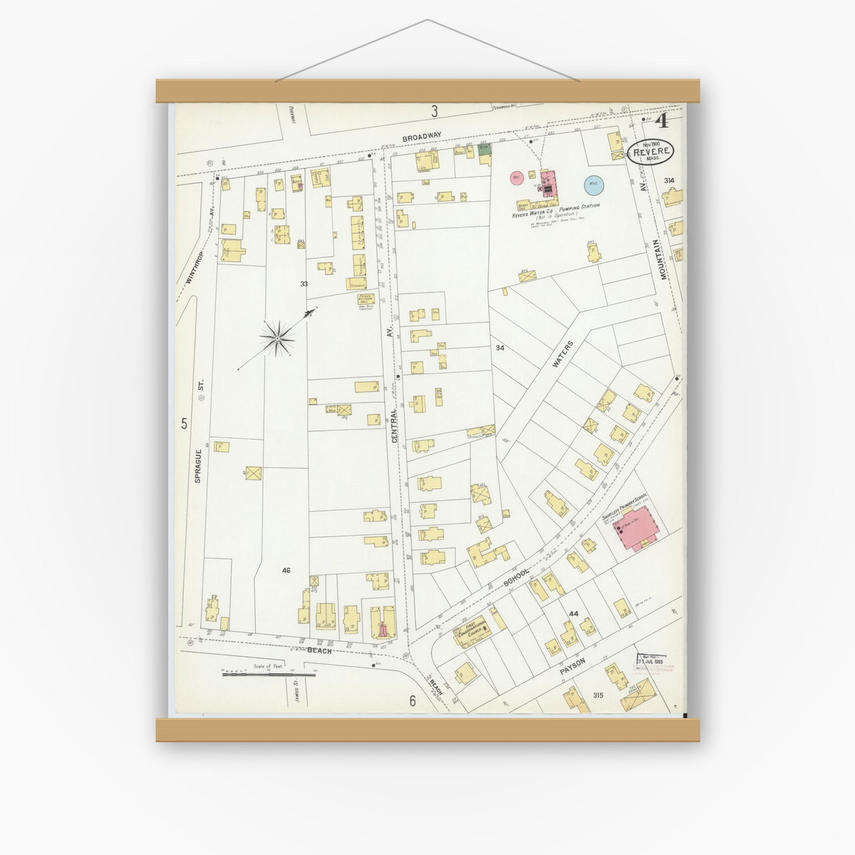 Old map wall art mockup — magnetic wood frame on white wall — Sanborn Fire Insurance Map from Revere, Suffolk County, Massachusetts (1900), Sheet #0004