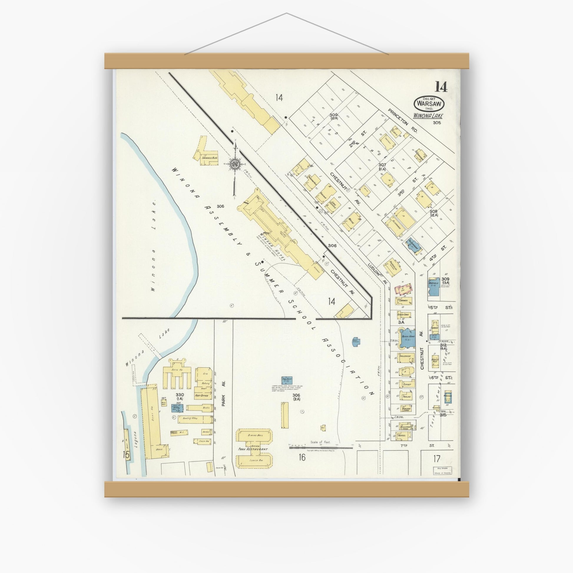 Old map wall art mockup — magnetic wood frame on white wall — Sanborn Fire Insurance Map from Warsaw, Kosciusko County, Indiana (1917), Sheet #0014