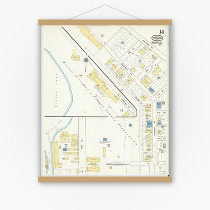 Old map wall art mockup — magnetic wood frame on white wall — Sanborn Fire Insurance Map from Warsaw, Kosciusko County, Indiana (1917), Sheet #0014