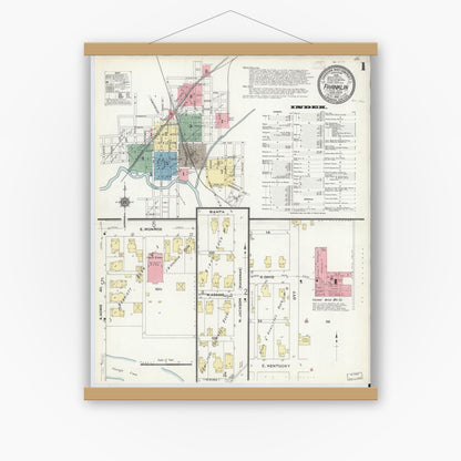 Old map wall art mockup — magnetic wood frame on white wall — Sanborn Fire Insurance Map from Franklin, Johnson County, Indiana (1910), Sheet #0001