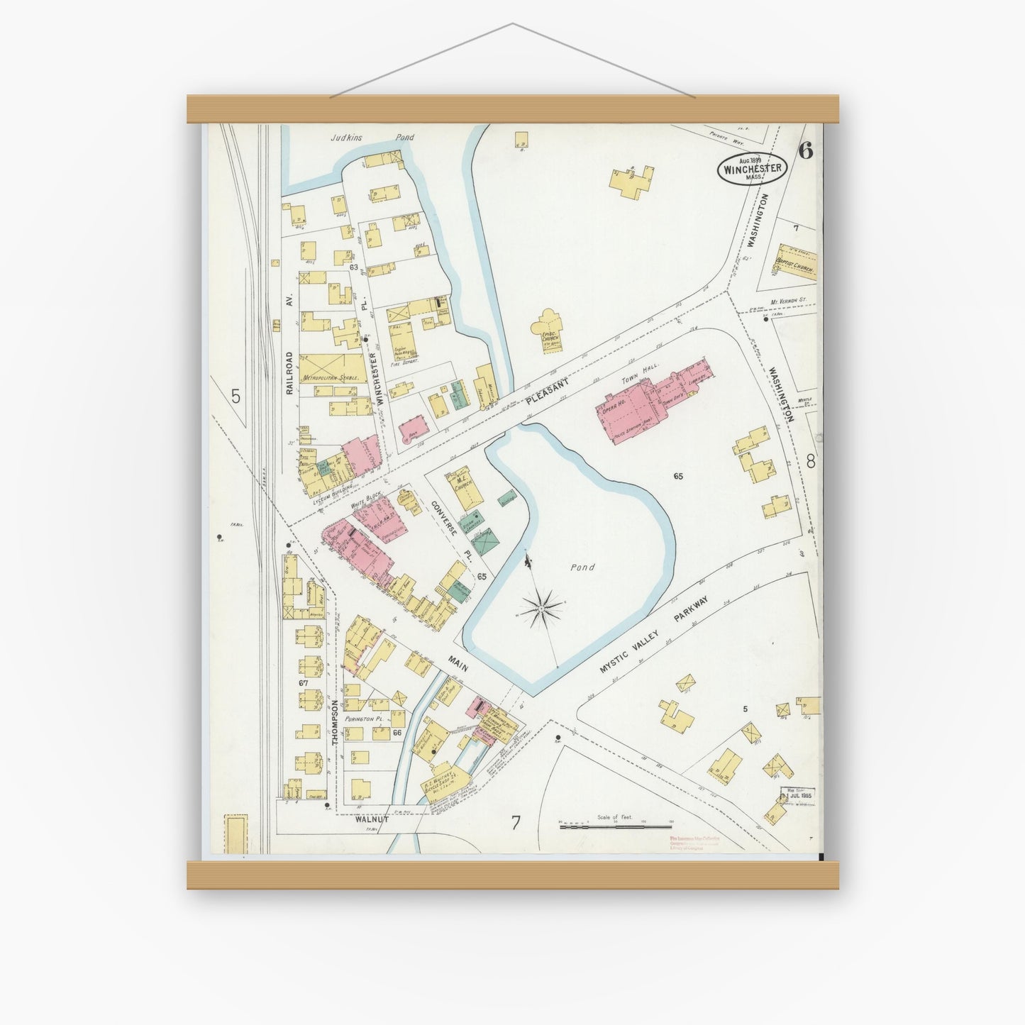 Old map wall art mockup — magnetic wood frame on white wall — Sanborn Fire Insurance Map from Winchester, Middlesex County, Massachusetts (1899), Sheet #0006