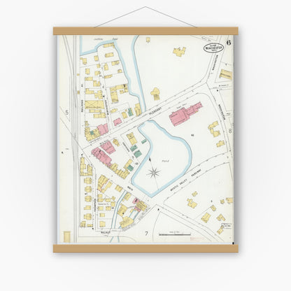 Old map wall art mockup — magnetic wood frame on white wall — Sanborn Fire Insurance Map from Winchester, Middlesex County, Massachusetts (1899), Sheet #0006