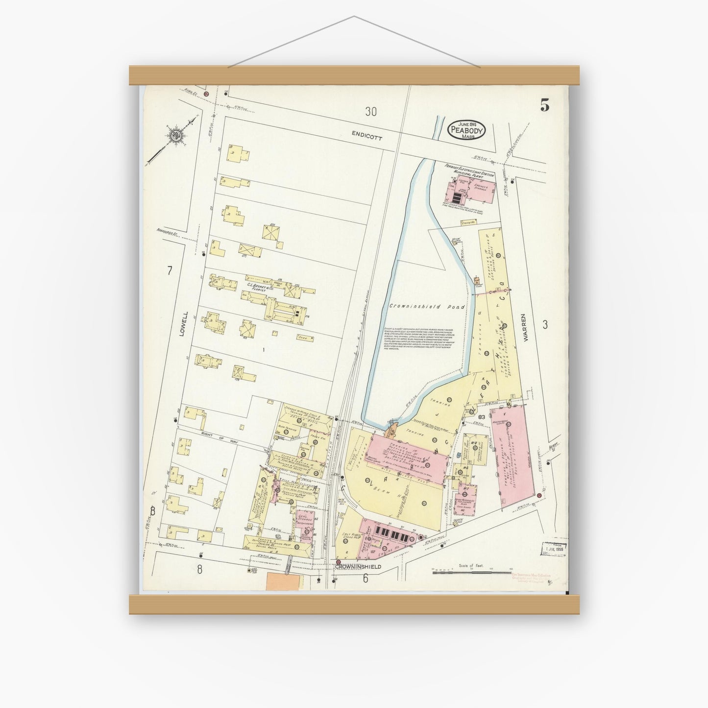 Old map wall art mockup — magnetic wood frame on white wall — Sanborn Fire Insurance Map from Peabody, Essex County, Massachusetts (1914), Sheet #0005