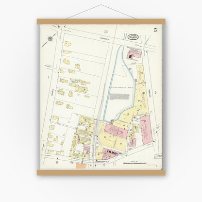 Old map wall art mockup — magnetic wood frame on white wall — Sanborn Fire Insurance Map from Peabody, Essex County, Massachusetts (1914), Sheet #0005