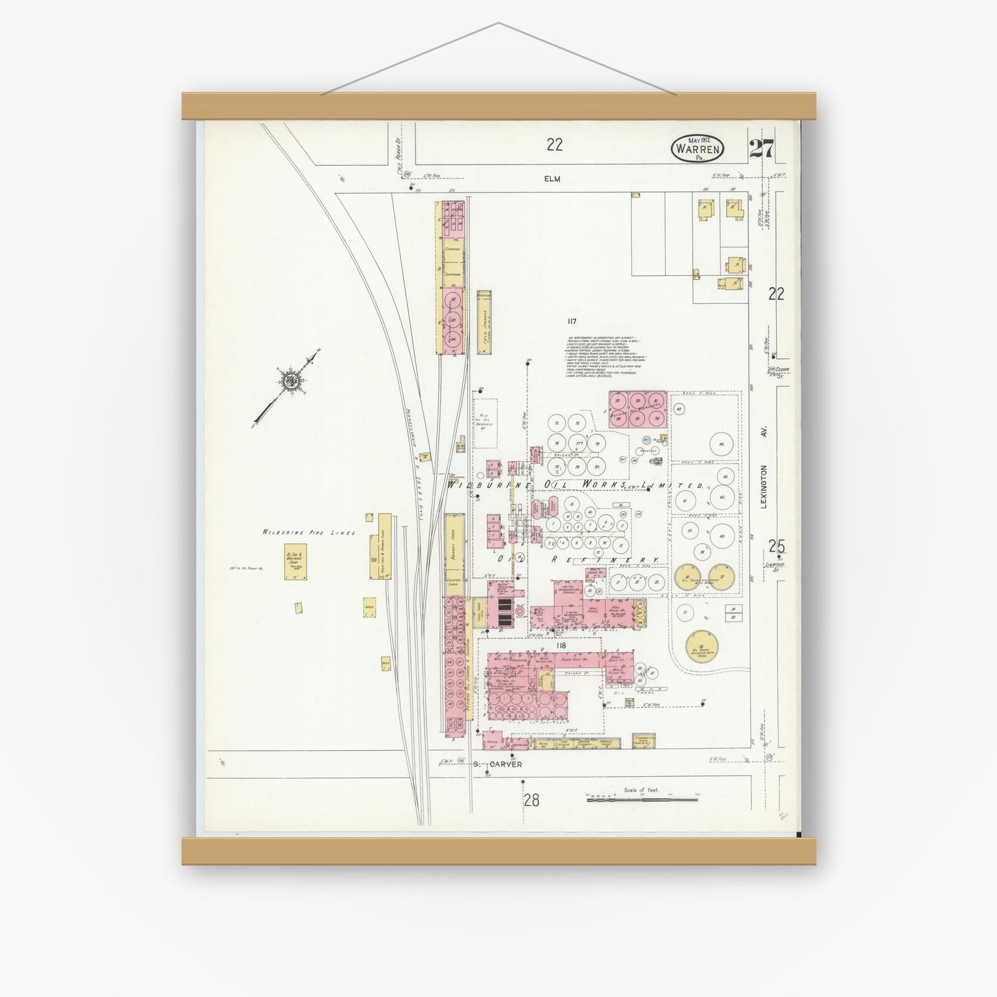 Old map wall art mockup — magnetic wood frame on white wall — Sanborn Fire Insurance Map from Warren, Warren County, Pennsylvania (1912), Sheet #0027
