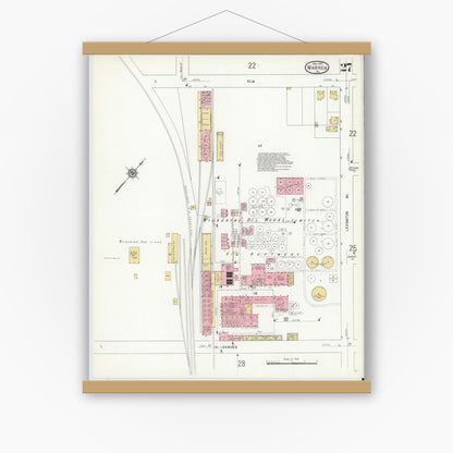 Old map wall art mockup — magnetic wood frame on white wall — Sanborn Fire Insurance Map from Warren, Warren County, Pennsylvania (1912), Sheet #0027