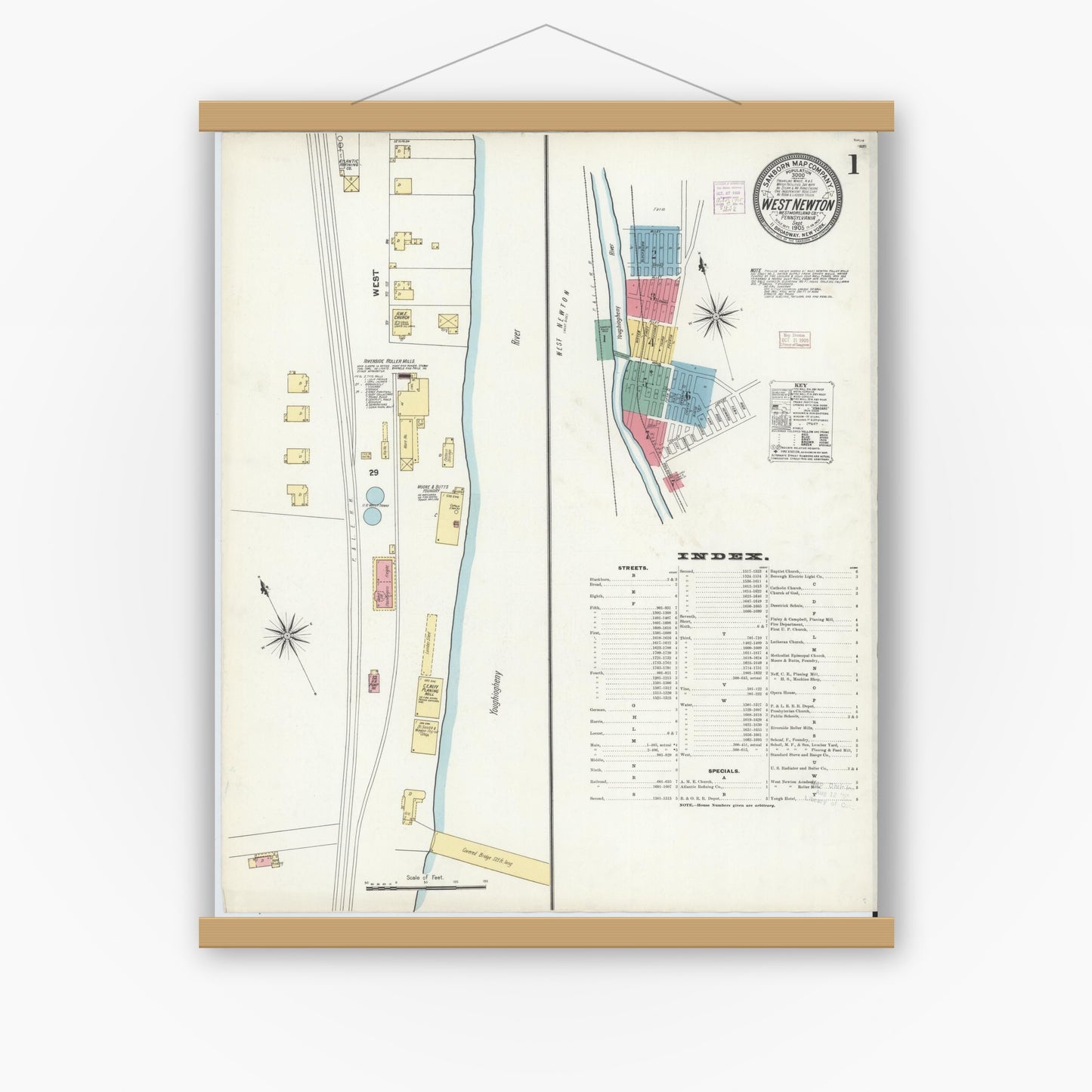 Old map wall art mockup — magnetic wood frame on white wall — Sanborn Fire Insurance Map from West Newton, Westmoreland County, Pennsylvania (1905), Sheet #0001