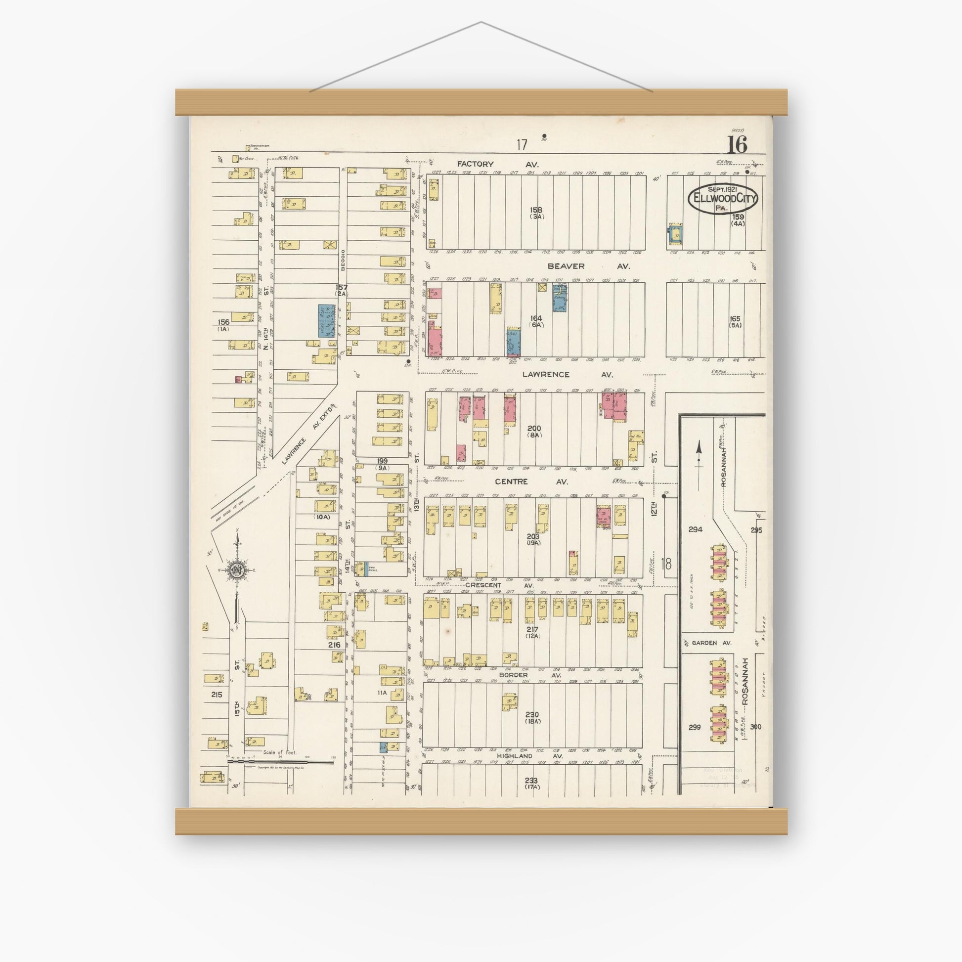 Old map wall art mockup — magnetic wood frame on white wall — Sanborn Fire Insurance Map from Ellwood City, Lawrence County, Pennsylvania (1921), Sheet #0016