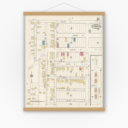 Old map wall art mockup — magnetic wood frame on white wall — Sanborn Fire Insurance Map from Ellwood City, Lawrence County, Pennsylvania (1921), Sheet #0016