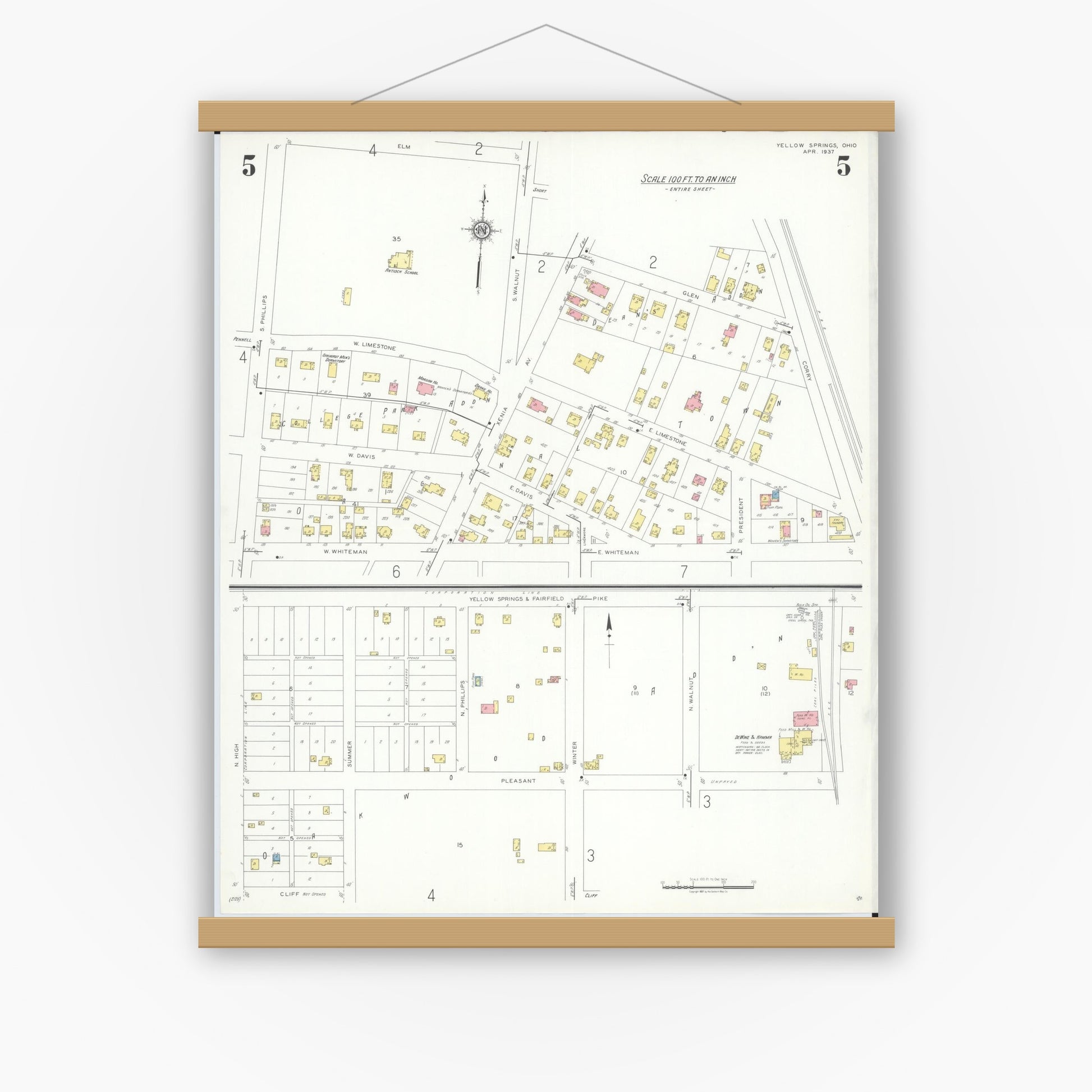 Old map wall art mockup — magnetic wood frame on white wall — Sanborn Fire Insurance Map from Yellow Springs, Greene County, Ohio (1937), Sheet #0005