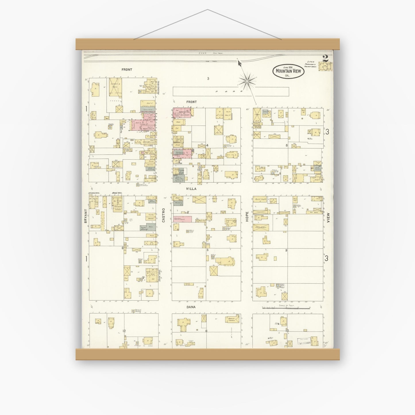 Old map wall art mockup — magnetic wood frame on white wall — Sanborn Fire Insurance Map from Mountain View, Santa Clara County, California (1904), Sheet #0002