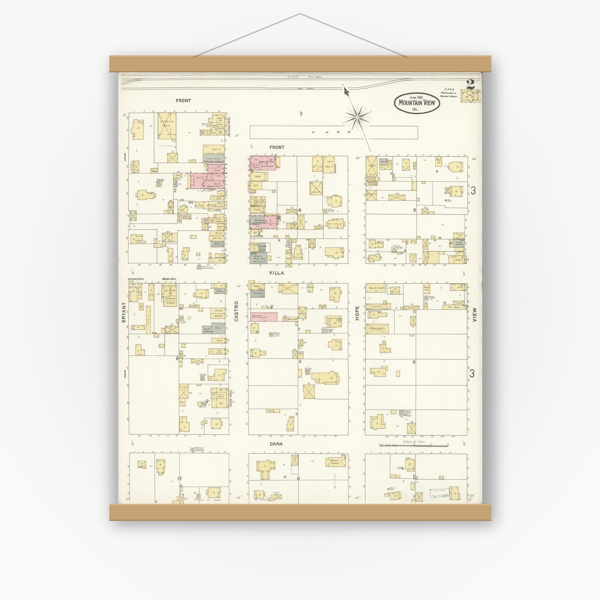 Old map wall art mockup — magnetic wood frame on white wall — Sanborn Fire Insurance Map from Mountain View, Santa Clara County, California (1904), Sheet #0002