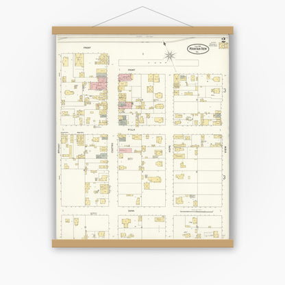 Old map wall art mockup — magnetic wood frame on white wall — Sanborn Fire Insurance Map from Mountain View, Santa Clara County, California (1904), Sheet #0002