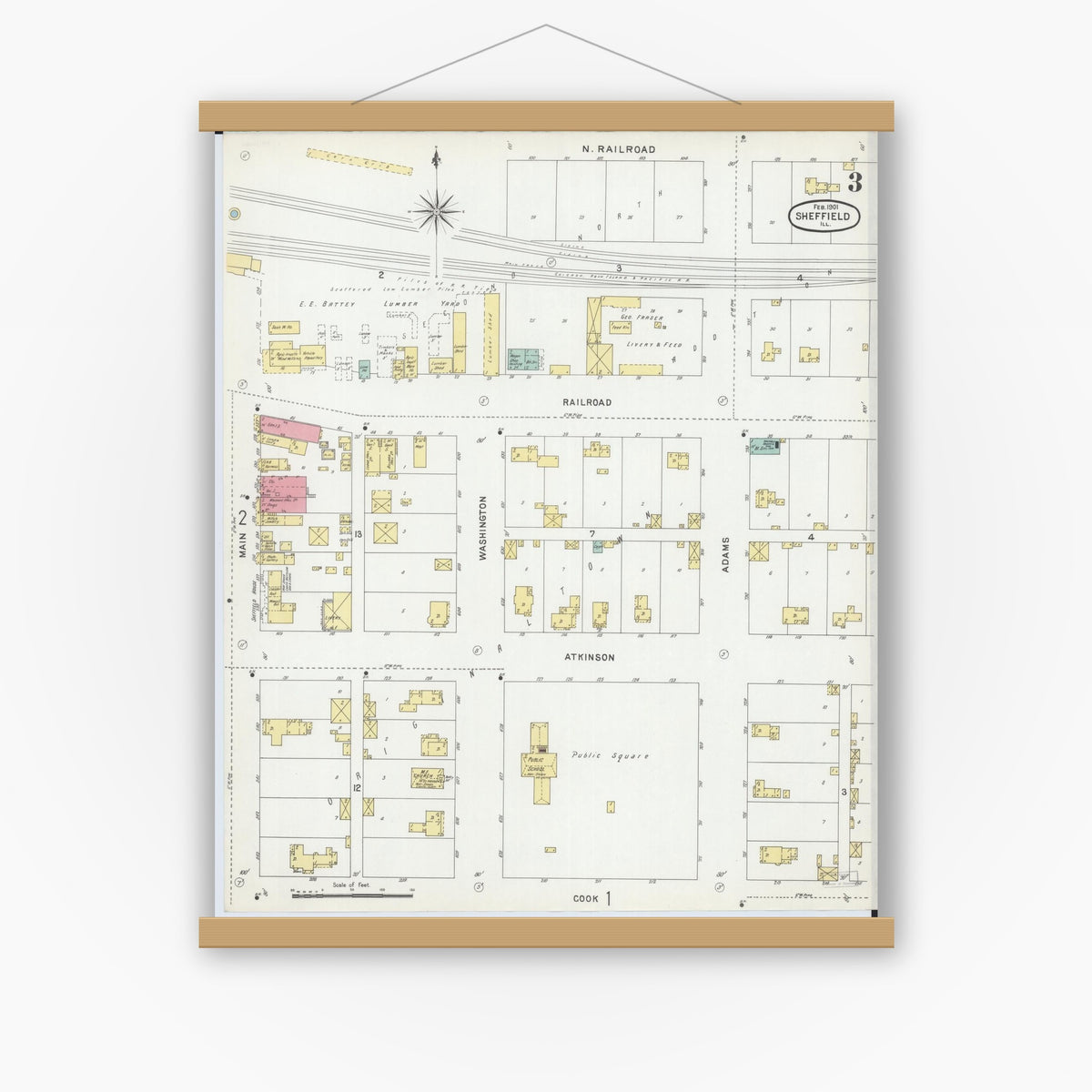 Old map wall art mockup — magnetic wood frame on white wall — Sanborn Fire Insurance Map from Sheffield, Bureau County, Illinois (1901), Sheet #0003