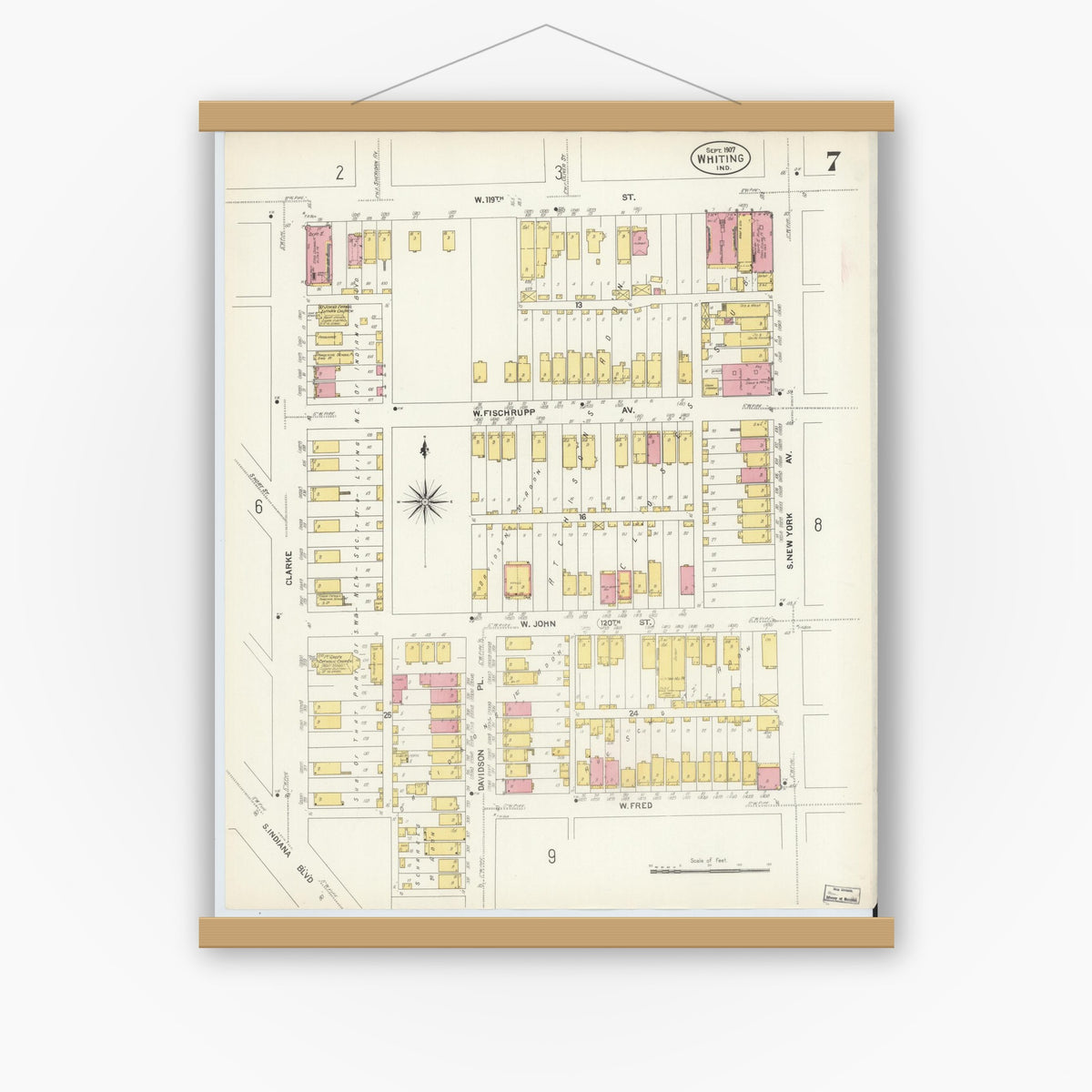 Old map wall art mockup — magnetic wood frame on white wall — Sanborn Fire Insurance Map from Whiting, Lake County, Indiana (1907), Sheet #0007