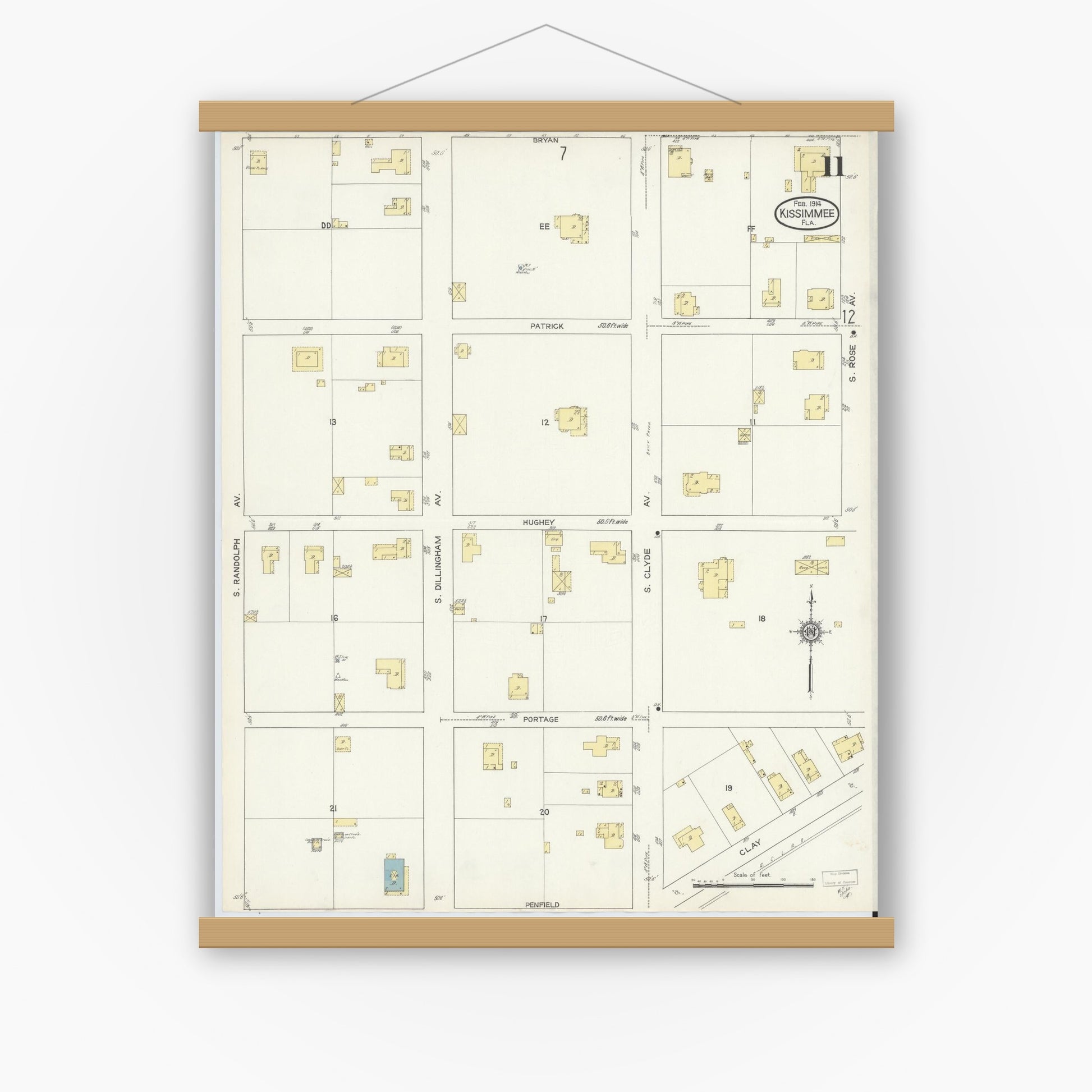 Old map wall art mockup — magnetic wood frame on white wall — Sanborn Fire Insurance Map from Kissimmee, Osceola County, Florida (1914), Sheet #0011