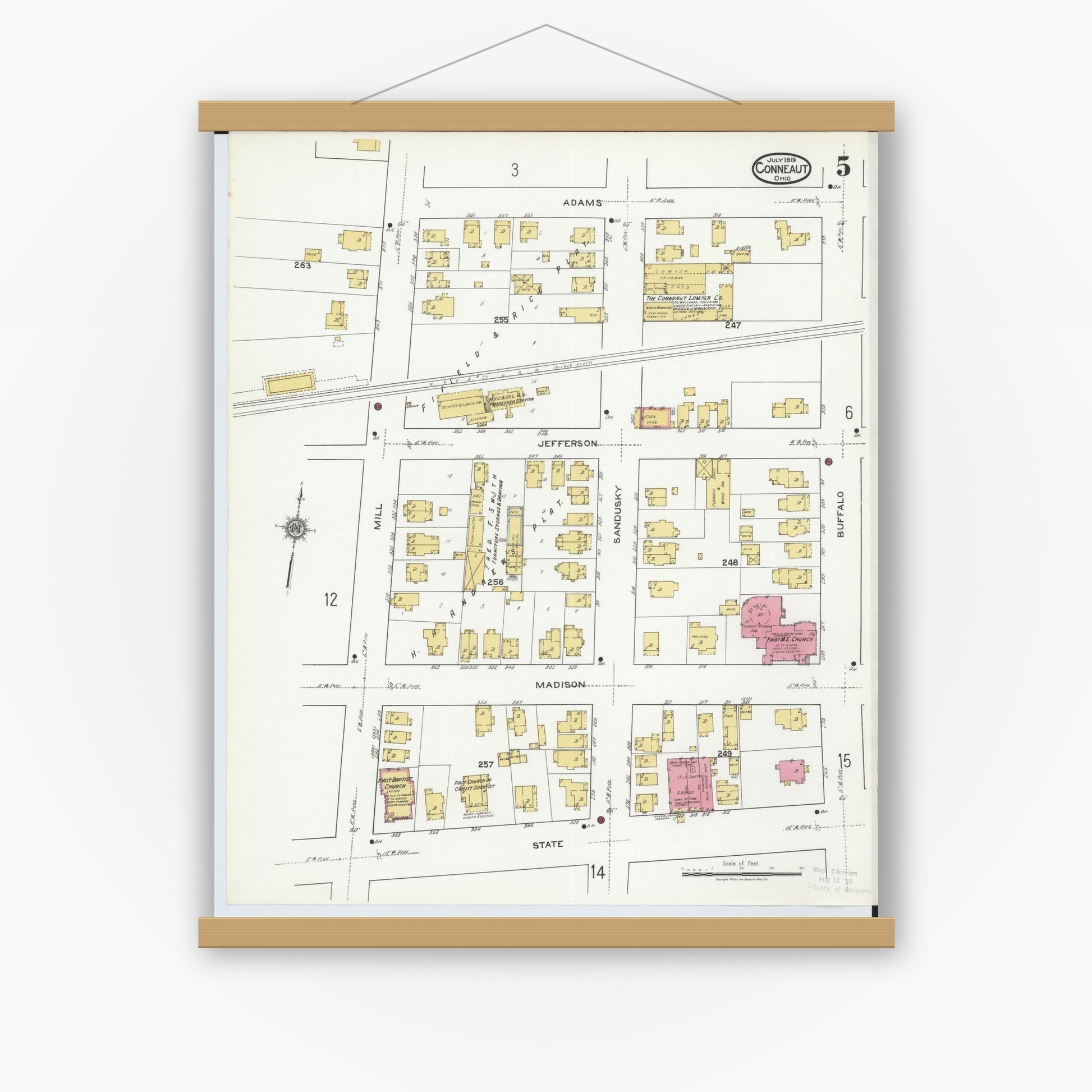 Old map wall art mockup — magnetic wood frame on white wall — Sanborn Fire Insurance Map from Conneaut, Ashtabula County, Ohio (1919), Sheet #0005