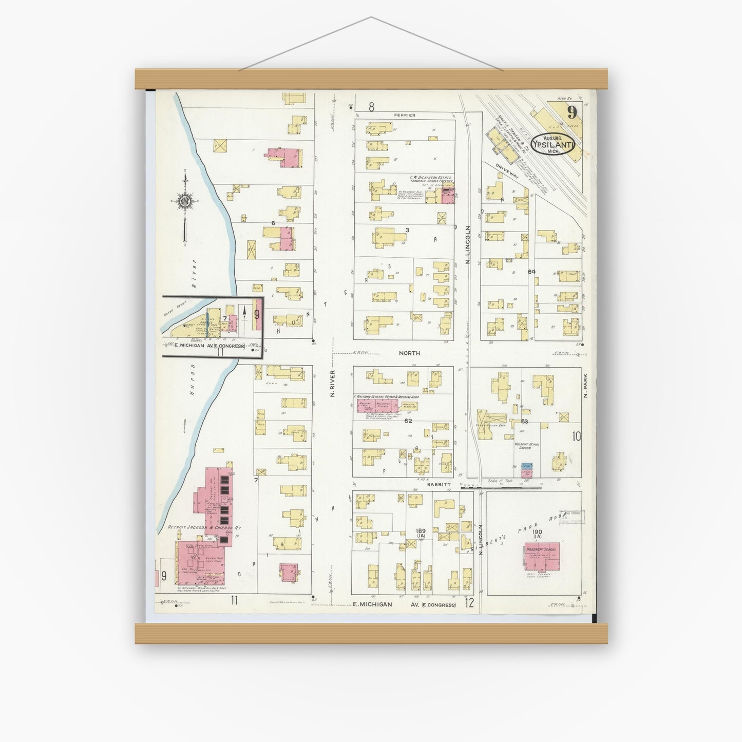 Old map wall art mockup — magnetic wood frame on white wall — Sanborn Fire Insurance Map from Ypsilanti, Washtenaw County, Michigan (1916), Sheet #0009