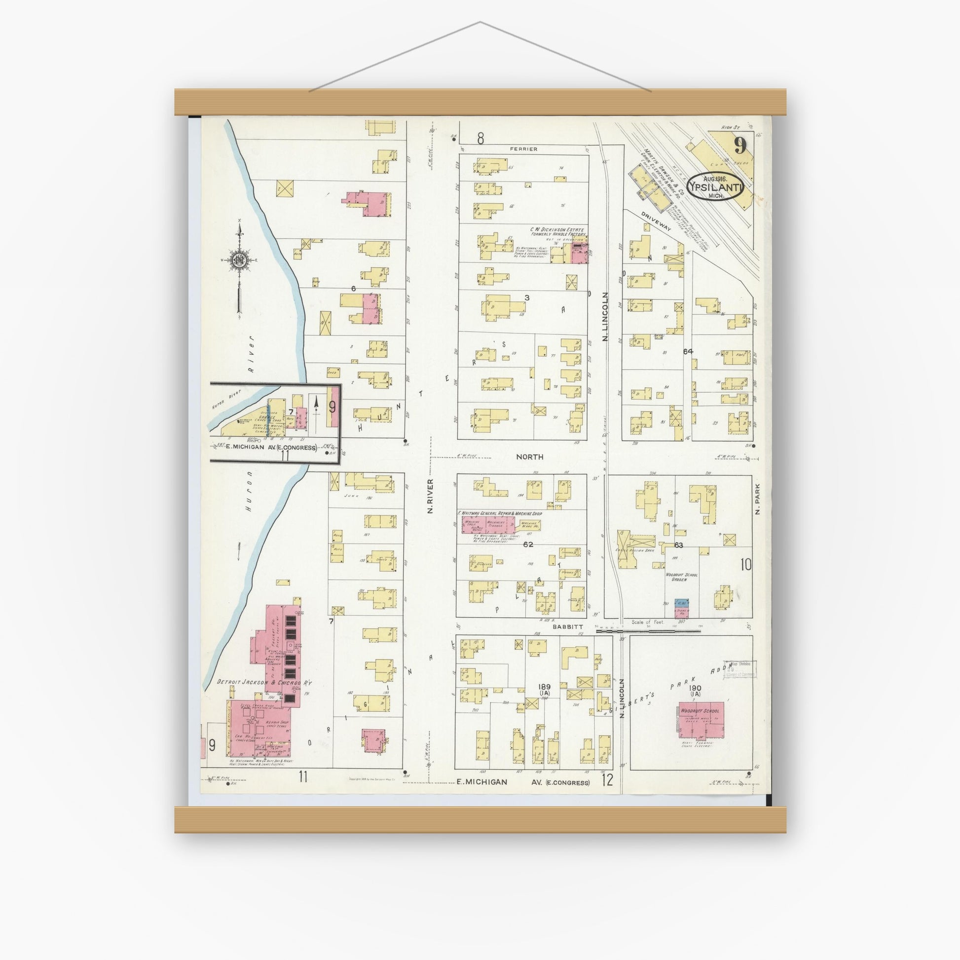 Old map wall art mockup — magnetic wood frame on white wall — Sanborn Fire Insurance Map from Ypsilanti, Washtenaw County, Michigan (1916), Sheet #0009