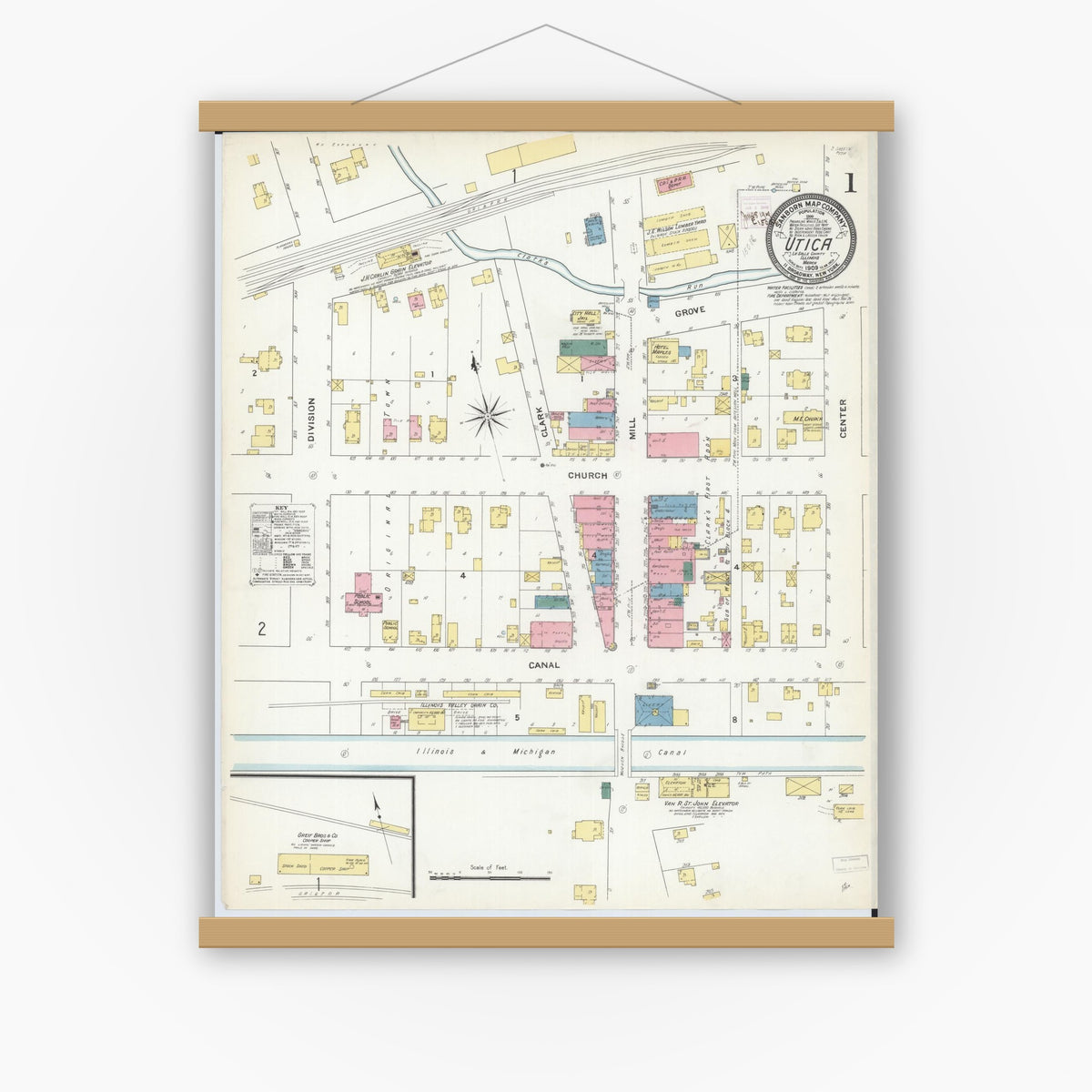 Old map wall art mockup — magnetic wood frame on white wall — Sanborn Fire Insurance Map from Utica, La Salle County, Illinois (1909) - Complete Map Set