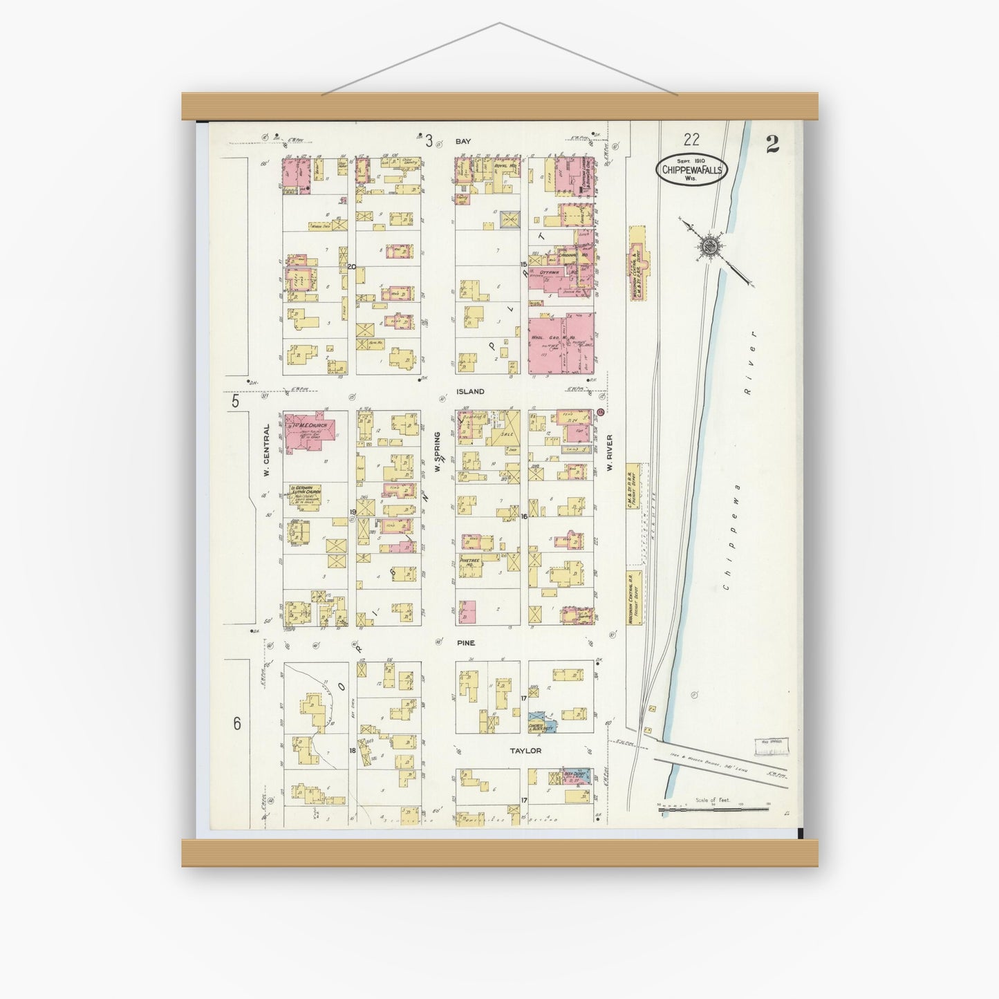 Old map wall art mockup — magnetic wood frame on white wall — Sanborn Fire Insurance Map from Chippewa Falls, Chippewa County, Wisconsin (1910), Sheet #0002