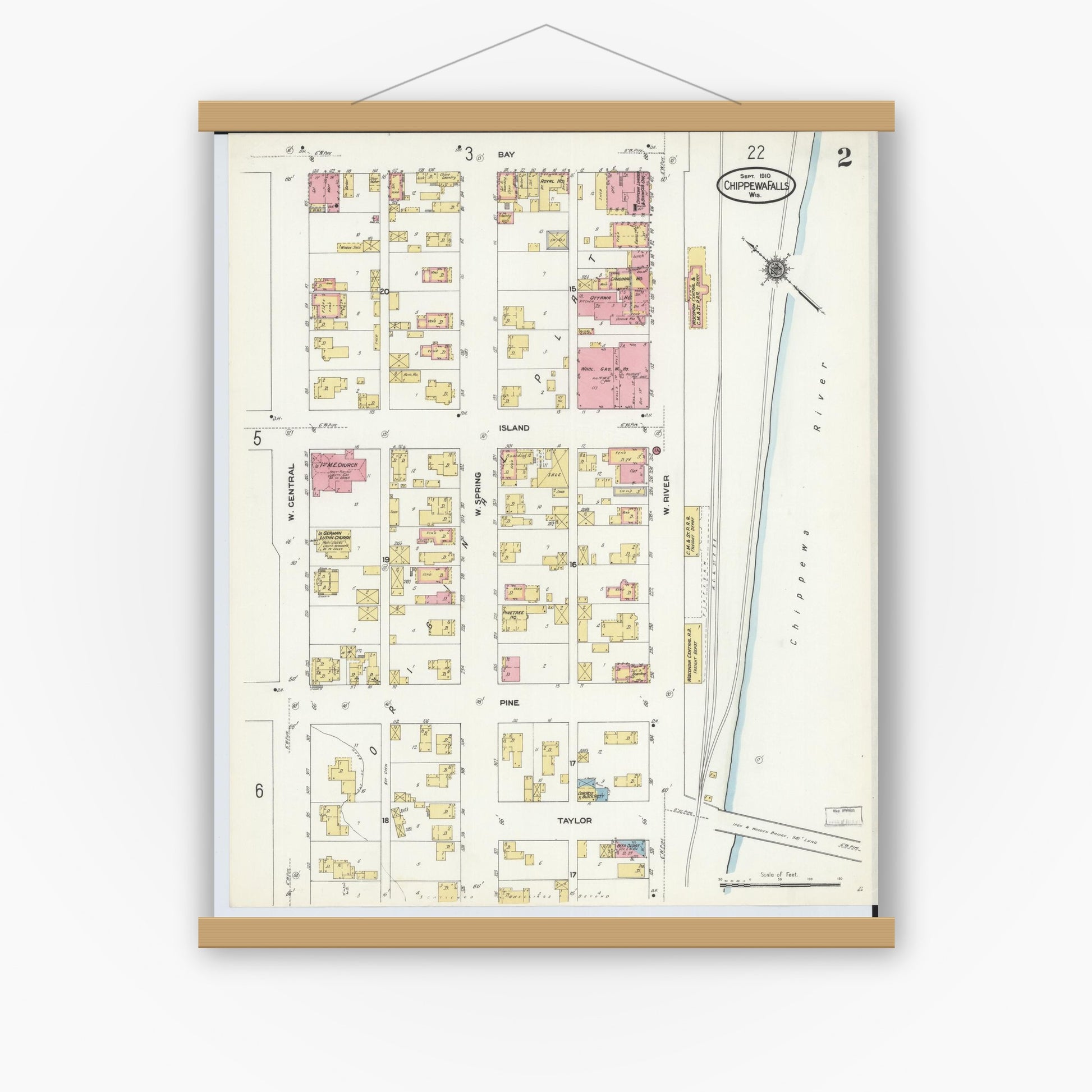 Old map wall art mockup — magnetic wood frame on white wall — Sanborn Fire Insurance Map from Chippewa Falls, Chippewa County, Wisconsin (1910), Sheet #0002