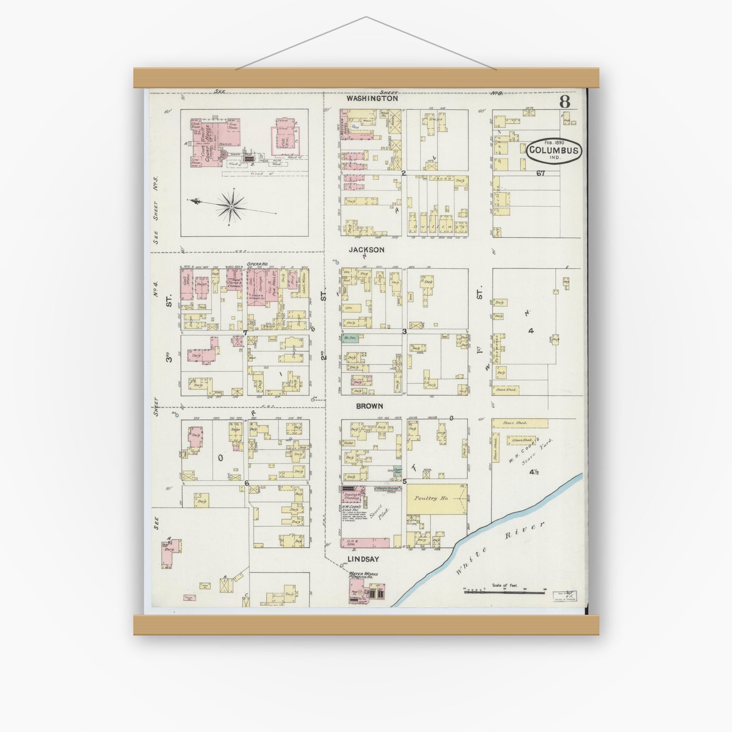 Old map wall art mockup — magnetic wood frame on white wall — Sanborn Fire Insurance Map from Columbus, Bartholomew County, Indiana (1890), Sheet #0008