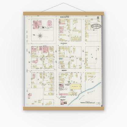 Old map wall art mockup — magnetic wood frame on white wall — Sanborn Fire Insurance Map from Columbus, Bartholomew County, Indiana (1890), Sheet #0008