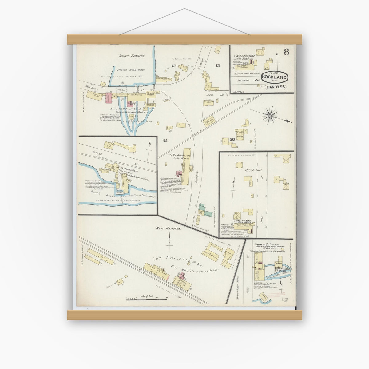 Old map wall art mockup — magnetic wood frame on white wall — Sanborn Fire Insurance Map from Rockland, Plymouth County, Massachusetts (1891), Sheet #0008