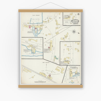 Old map wall art mockup — magnetic wood frame on white wall — Sanborn Fire Insurance Map from Rockland, Plymouth County, Massachusetts (1891), Sheet #0008