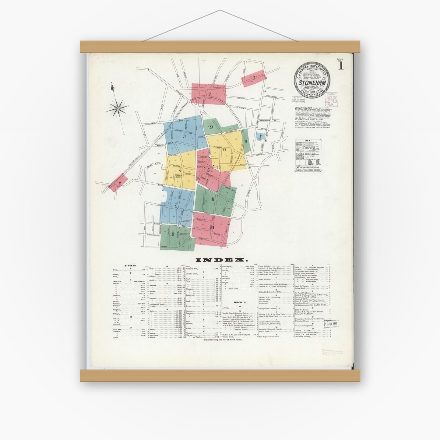 Old map wall art mockup — magnetic wood frame on white wall — Sanborn Fire Insurance Map from Stoneham, Middlesex County, Massachusetts (1903), Sheet #0001