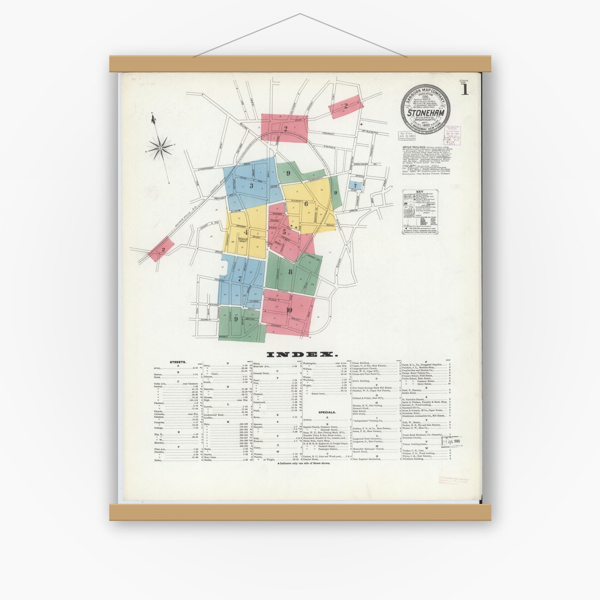 Old map wall art mockup — magnetic wood frame on white wall — Sanborn Fire Insurance Map from Stoneham, Middlesex County, Massachusetts (1903), Sheet #0001