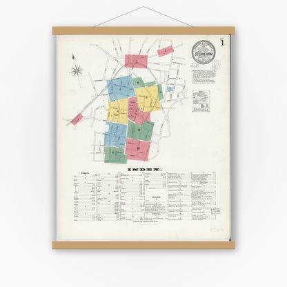 Old map wall art mockup — magnetic wood frame on white wall — Sanborn Fire Insurance Map from Stoneham, Middlesex County, Massachusetts (1903), Sheet #0001