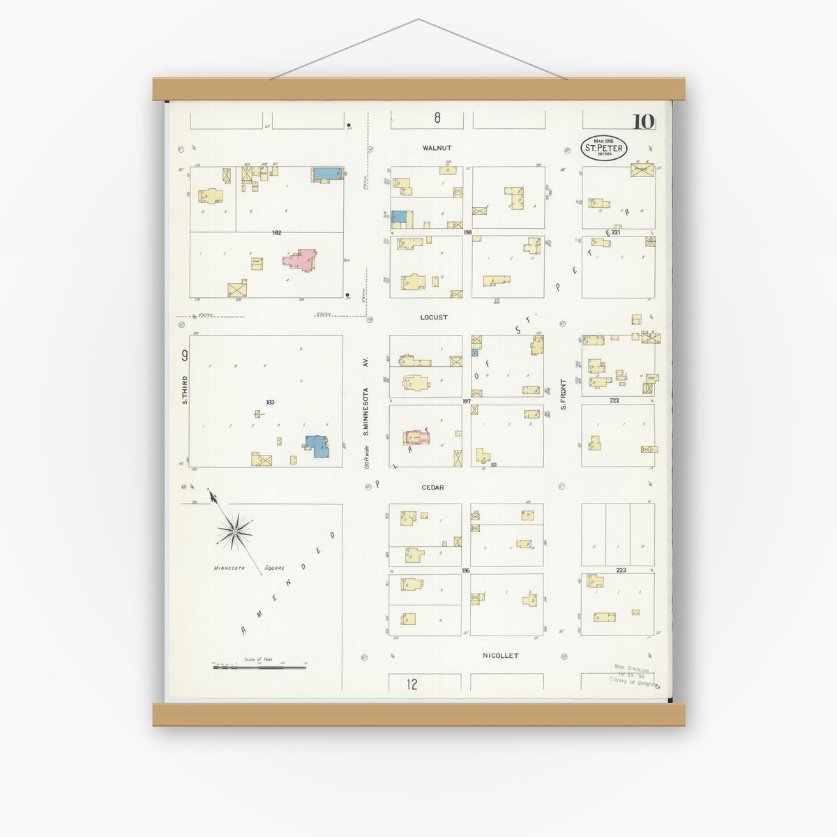 Old map wall art mockup — magnetic wood frame on white wall — Sanborn Fire Insurance Map from Saint Peter, Nicollet County, Minnesota (1908), Sheet #0010