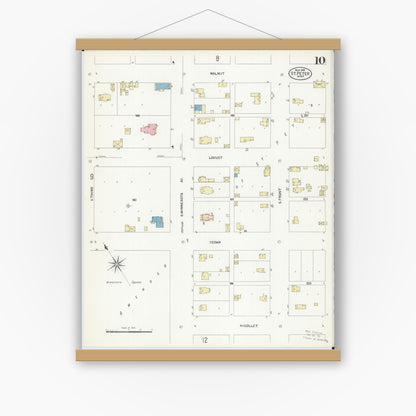 Old map wall art mockup — magnetic wood frame on white wall — Sanborn Fire Insurance Map from Saint Peter, Nicollet County, Minnesota (1908), Sheet #0010