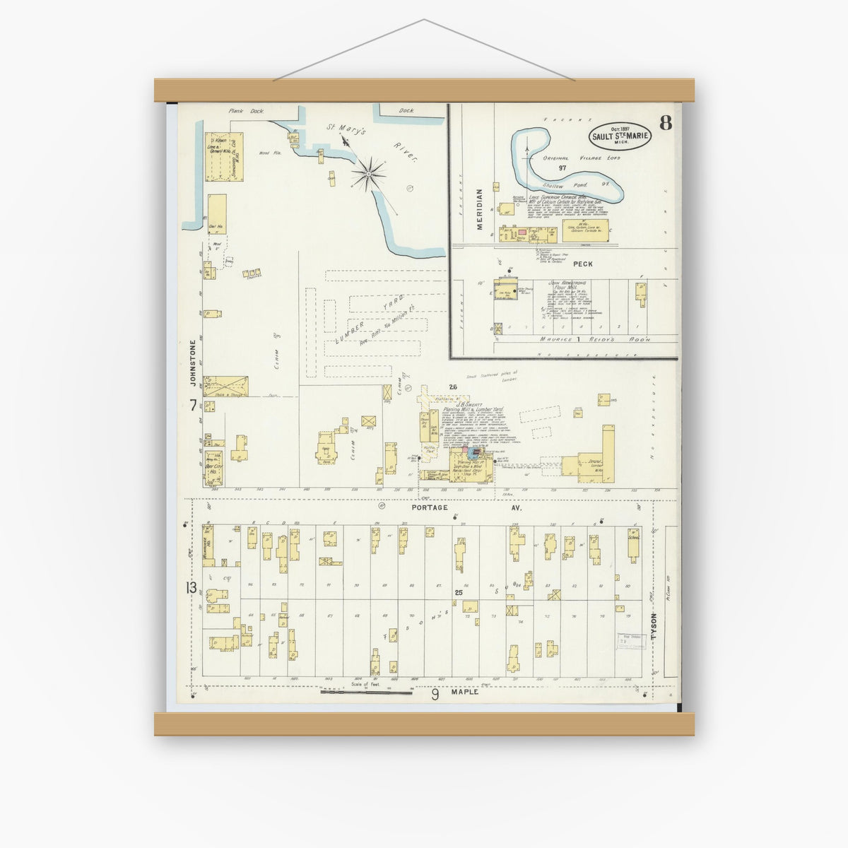 Old map wall art mockup — magnetic wood frame on white wall — Sanborn Fire Insurance Map from Sault Sainte Marie, Chippewa County, Michigan (1897), Sheet #0008