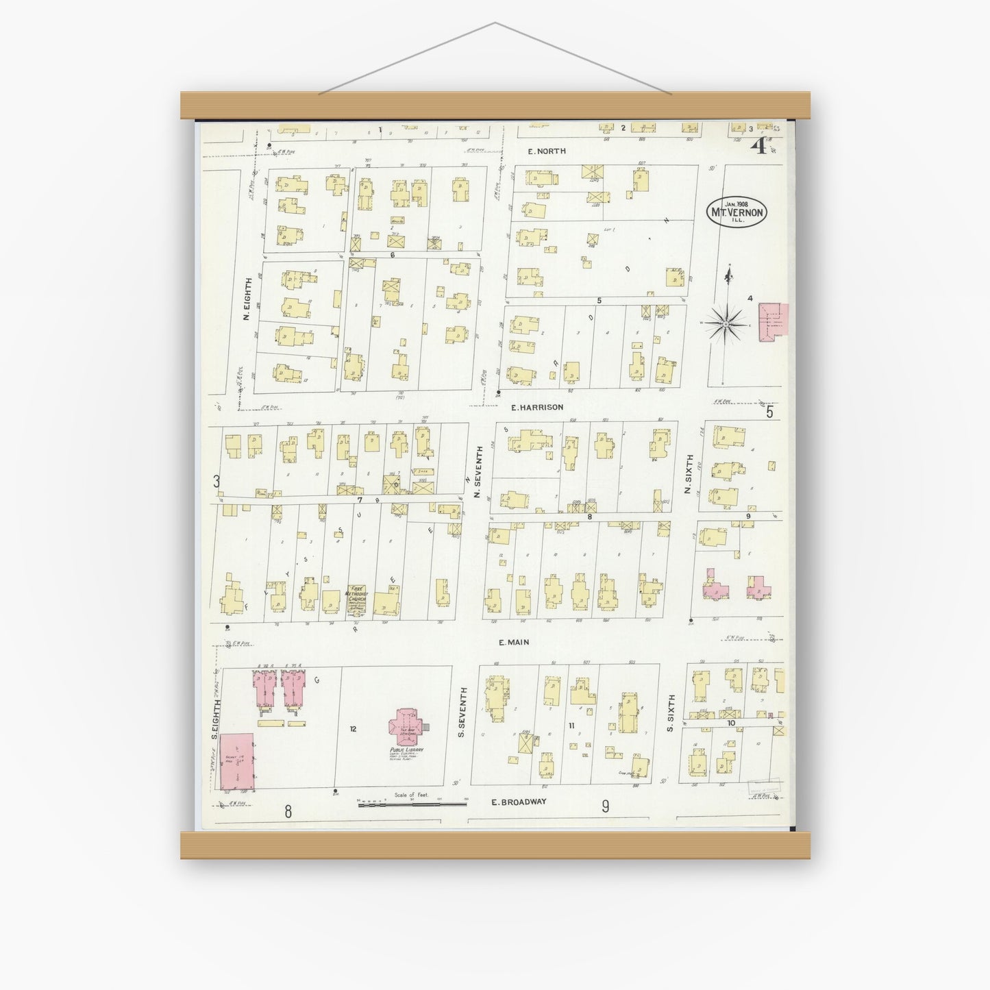 Old map wall art mockup — magnetic wood frame on white wall — Sanborn Fire Insurance Map from Mount Vernon, Jefferson County, Illinois (1908), Sheet #0004