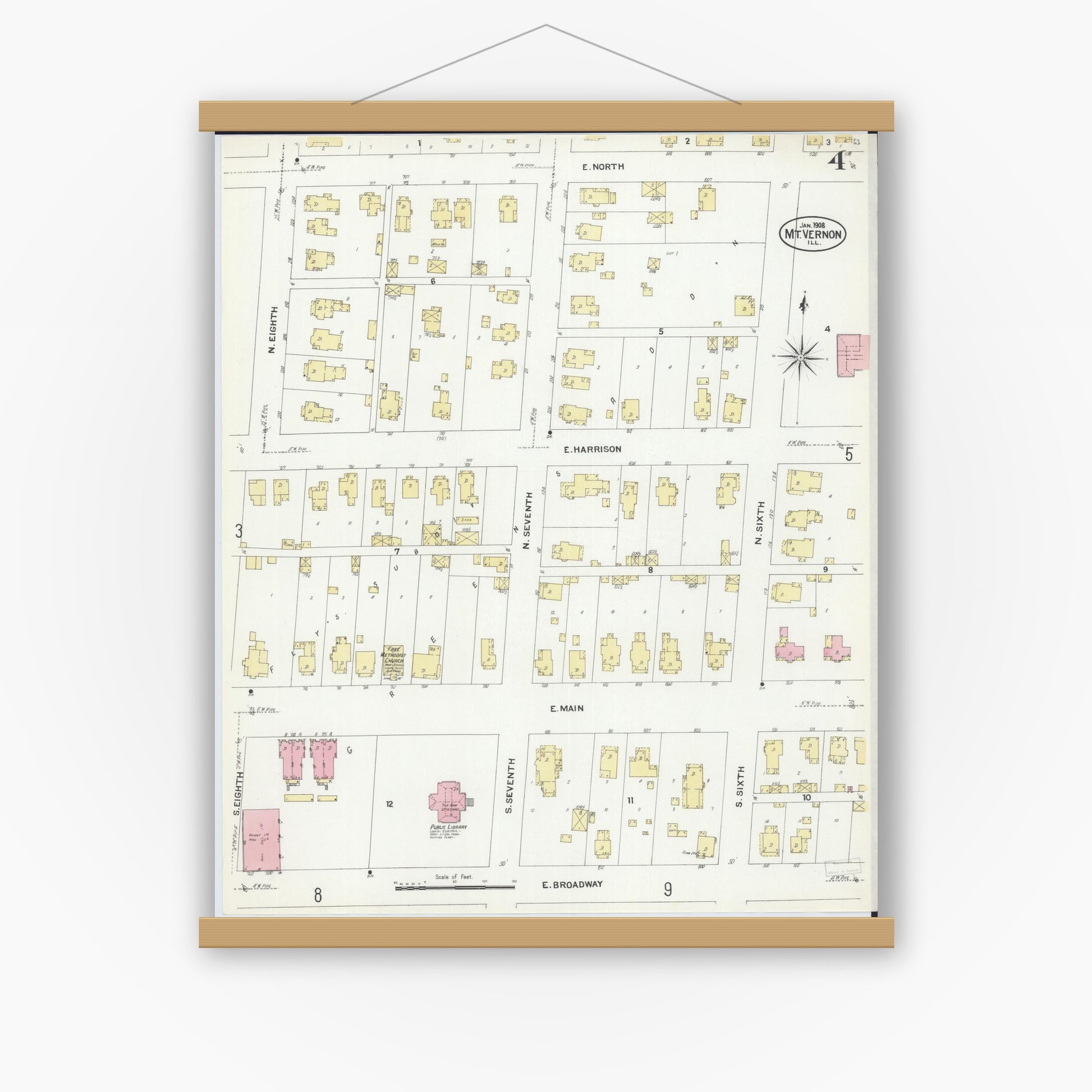 Old map wall art mockup — magnetic wood frame on white wall — Sanborn Fire Insurance Map from Mount Vernon, Jefferson County, Illinois (1908), Sheet #0004