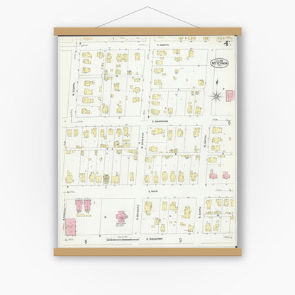 Old map wall art mockup — magnetic wood frame on white wall — Sanborn Fire Insurance Map from Mount Vernon, Jefferson County, Illinois (1908), Sheet #0004